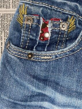Vintage Y2k Almost Famous Denim Jeans with Red, Yellow And Metal Pocket accent!